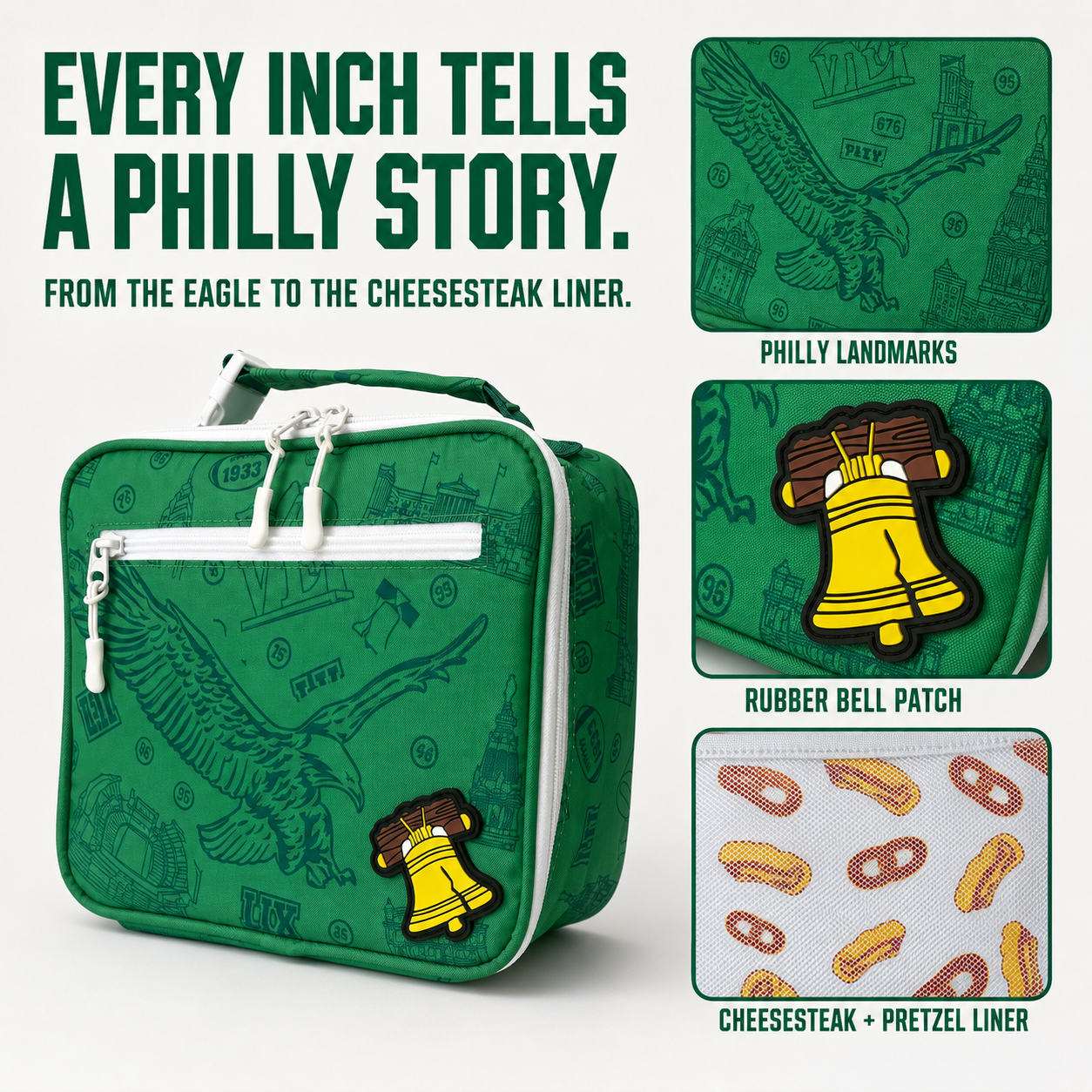 Philadelphia lunch cooler details including eagle artwork, Liberty Bell patch and food liner