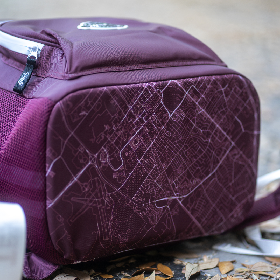 The top of Texas A&M University backpack cooler features city's iconic map.