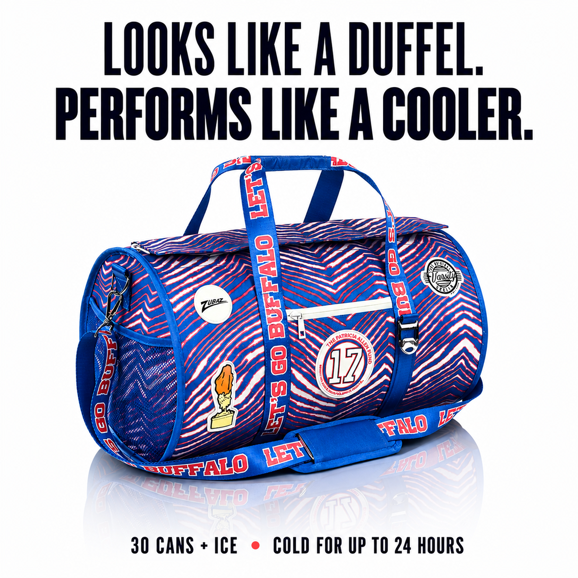 Buffalo-Zubaz-30-can-duffel-cooler-with-Patricia-Allen-Fund-emblem,-designed-to-keep-drinks-cold-for-up-to-24-hours