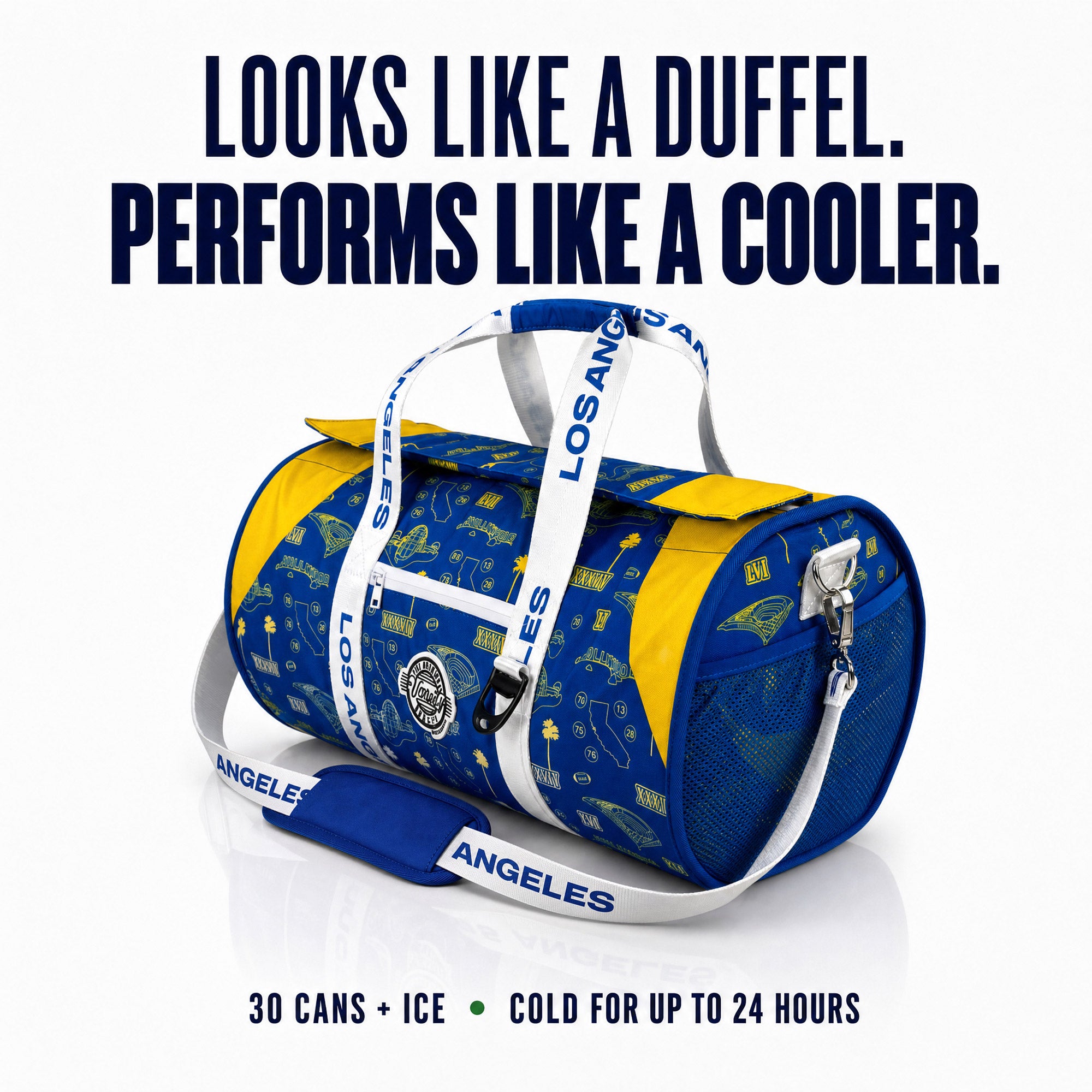 Los-Angeles-Rams-themed-duffel-bag-in-blue-and-yellow-with-white-straps,-featuring-the-team-logo-and-'LOS-ANGELES'-text,-with-promotional-text-above-and-below-on-a-white-background.