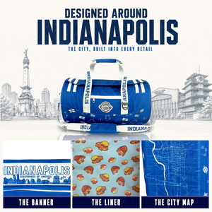 A-blue-and-white-Indianapolis-themed-duffel-bag-centered-over-a-city-skyline-sketch,-with-large-text-reading-'DESIGNED-AROUND-INDIANAPOLIS.'-Three-smaller-panels-at-the-bottom-show-printed-details:-a-banner,-liner-pattern,-and-city-map.
