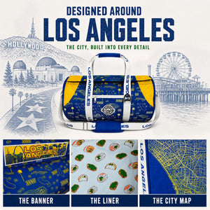 A-Los-Angeles-themed-duffel-bag-shown-on-a-white-background-with-city-illustrations-and-three-detail-panels-below.-The-bag-is-blue-and-yellow-with-white-straps-and-printed-Los-Angeles-graphics,-including-the-Hollywood-sign,-Santa-Monica-Pier,-and-a-city-map.