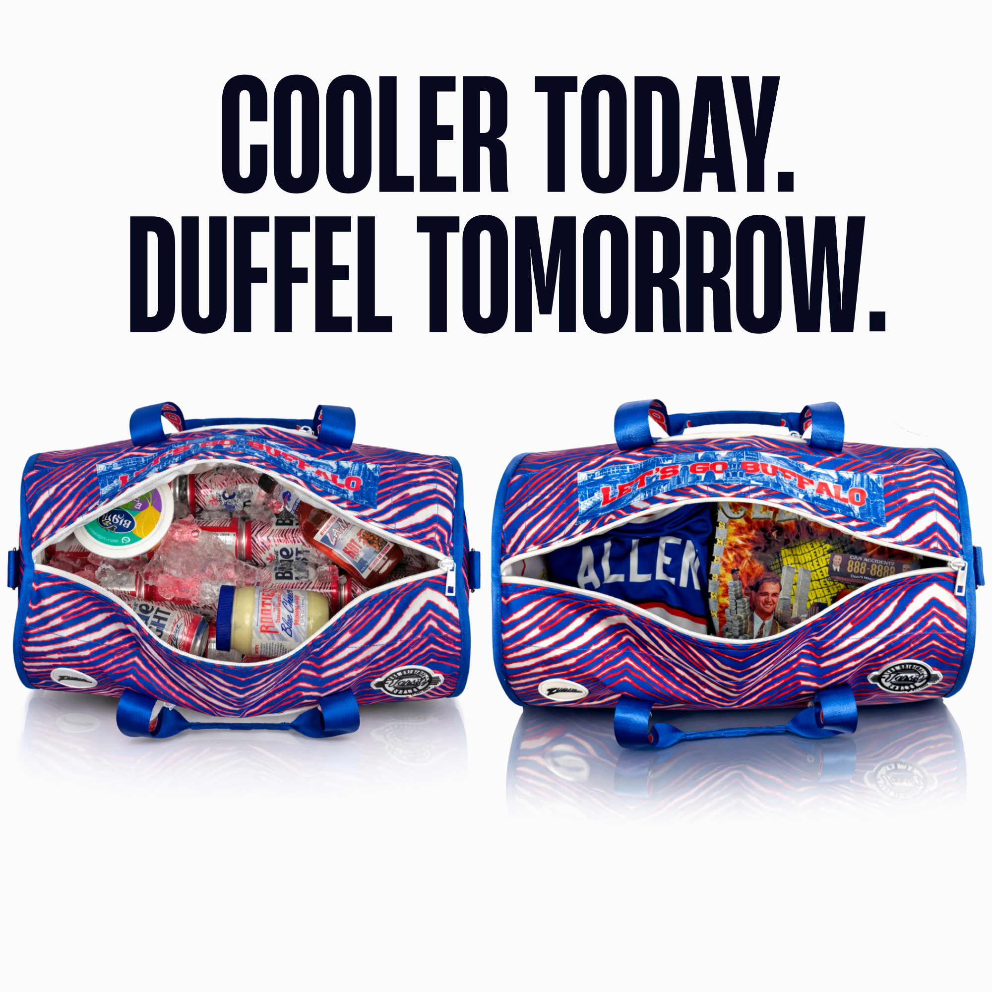 Buffalo-Duffel-Cooler-shown-holding-drinks-and-ice-beside-the-same-bag-packed-with-clothing-for-travel