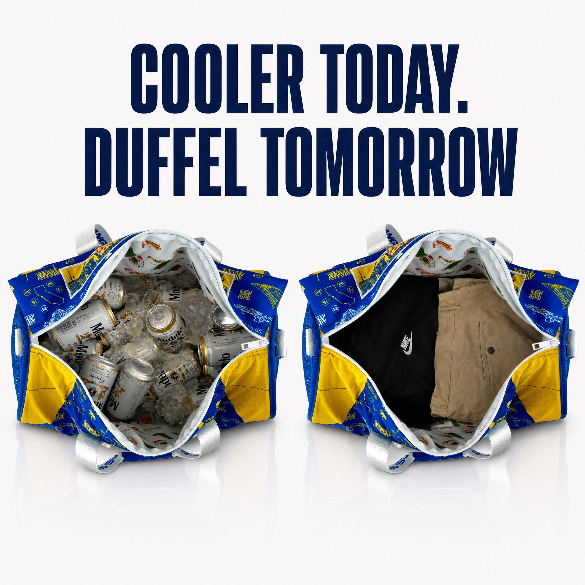 Two-open-insulated-duffel-bags-shown-side-by-side-on-a-white-background-with-large-text-reading-'COOLER-TODAY.-DUFFEL-TOMORROW.