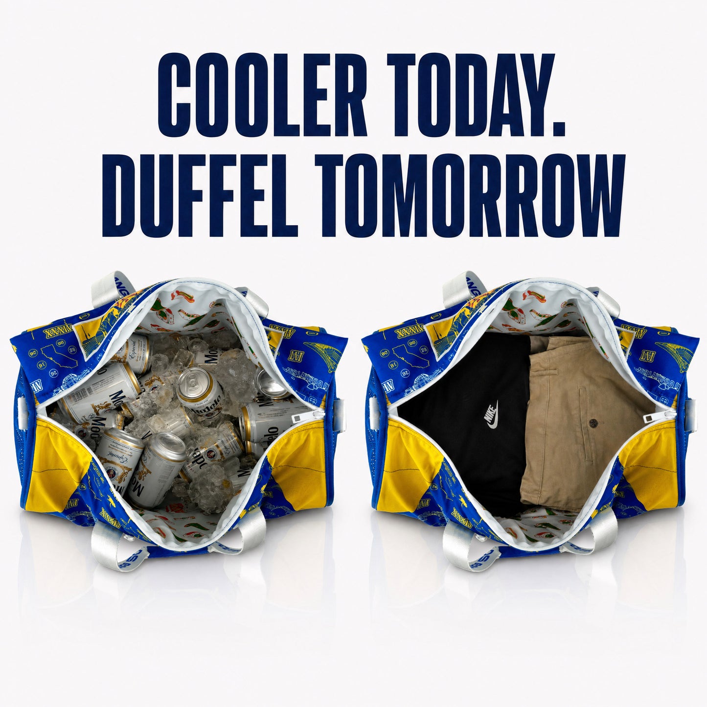 Two open insulated duffel bags shown side by side on a white background with large text reading 'COOLER TODAY. DUFFEL TOMORROW.