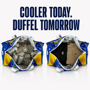 Two-open-insulated-duffel-bags-shown-side-by-side-on-a-white-background-with-large-text-reading-'COOLER-TODAY.-DUFFEL-TOMORROW.