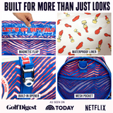 Buffalo duffel cooler details including magnetic flap, waterproof wings liner, built-in bottle opener and mesh pocket