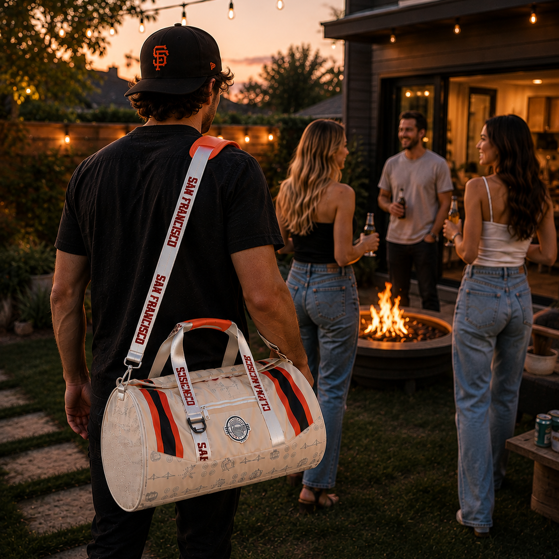 A man at a backyard patio wearing a black San Francisco Giants baseball cap and carrying a distressed white duffel bag with orange and red stripes and 'SCOUTING LIVE' printed on the strap, with other people gathered near a fire pit in the background.