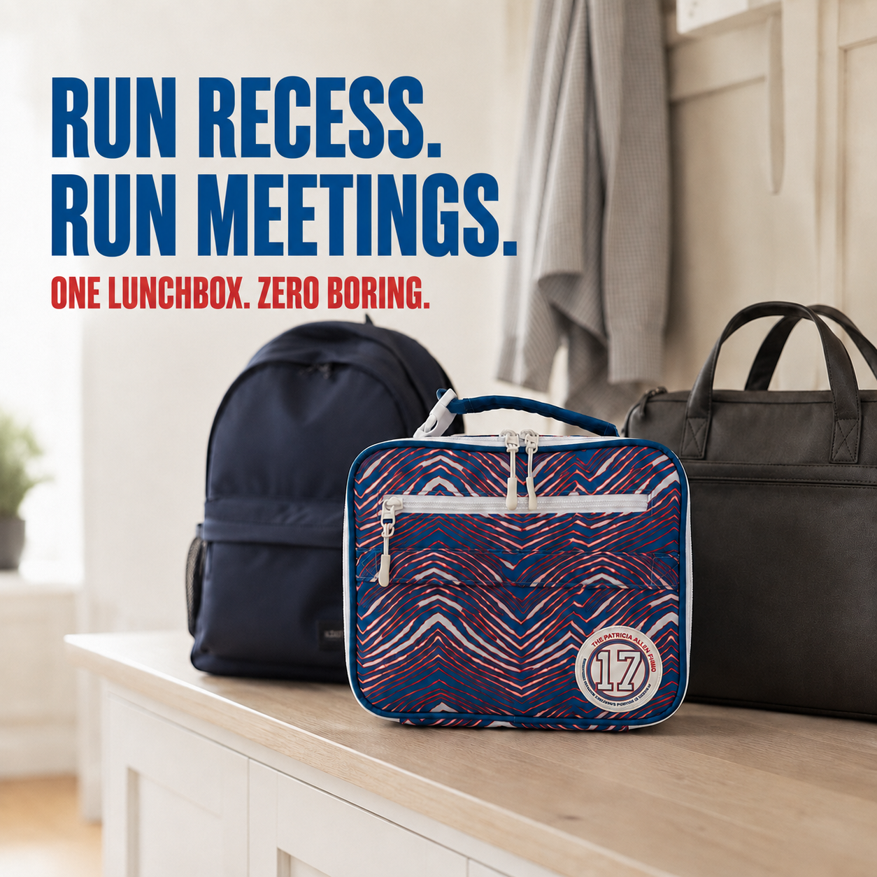 Buffalo lunchbox cooler beside a school backpack and adult workbag