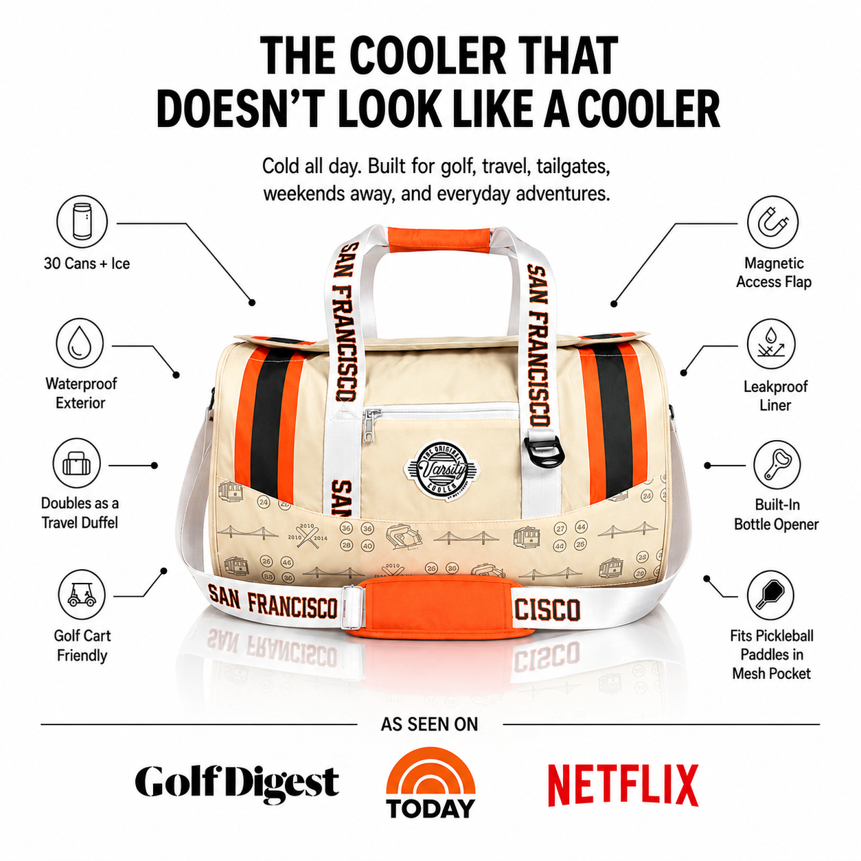 A beige duffel bag with orange and black accents, featuring 'SAN FRANCISCO' and 'CISCO' branding, surrounded by feature callouts and logos on a white background.