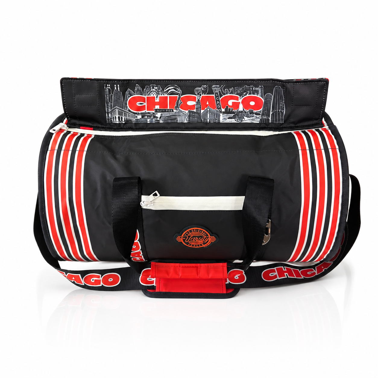 A-navy-Chicago-Blackhawks-duffel-bag-with-red-and-white-stripes,-featuring-a-front-pocket-with-a-team-logo-patch-and-a-top-handle,-set-against-a-white-background.