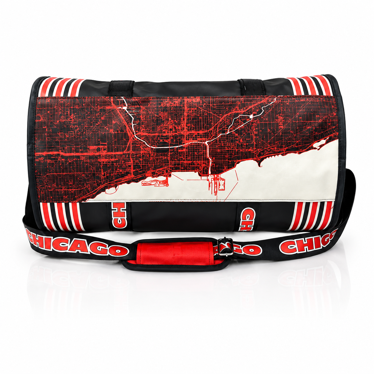 A navy shoulder bag featuring a red and white Chicago city map design, with 'CHICAGO' text and striped accents on the strap and top, shown on a white background.