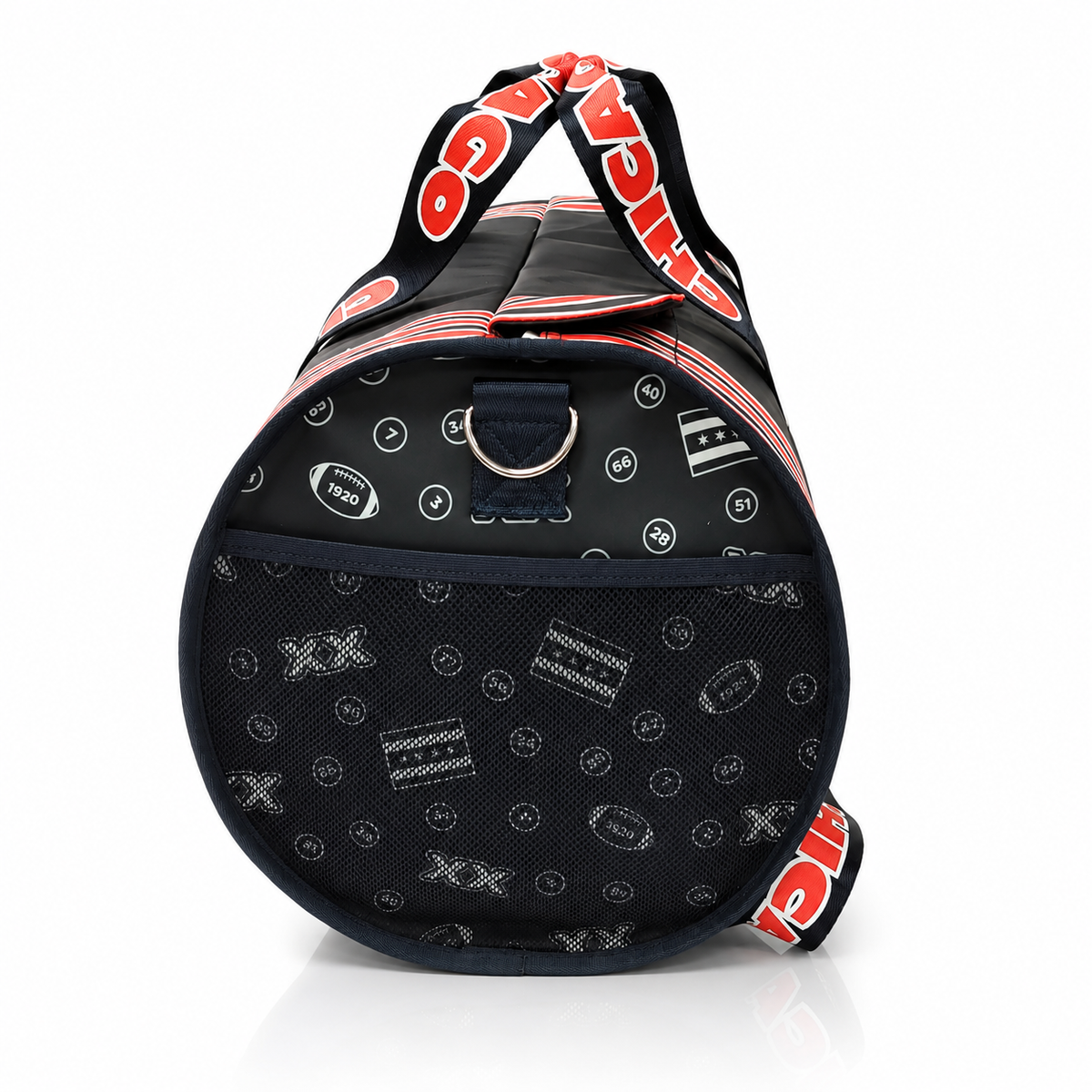 A navy duffel bag with a navy blue mesh lower pocket, featuring white football-themed graphics, a navy blue D-ring, and a prominent shoulder strap with 'Chicago' in red and white.