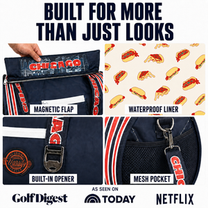 Chicago-themed-backpack-promotional-graphic-with-feature-callouts:-magnetic-flap,-waterproof-liner,-built-in-opener,-mesh-pocket,-and-a-hot-dog-patterned-liner.-Large-text-reads-'BUILT-FOR-MORE-THAN-JUST-LOOKS'-and-logos-at-the-bottom-include-Golf-Digest,-TODAY,-and-Netflix.