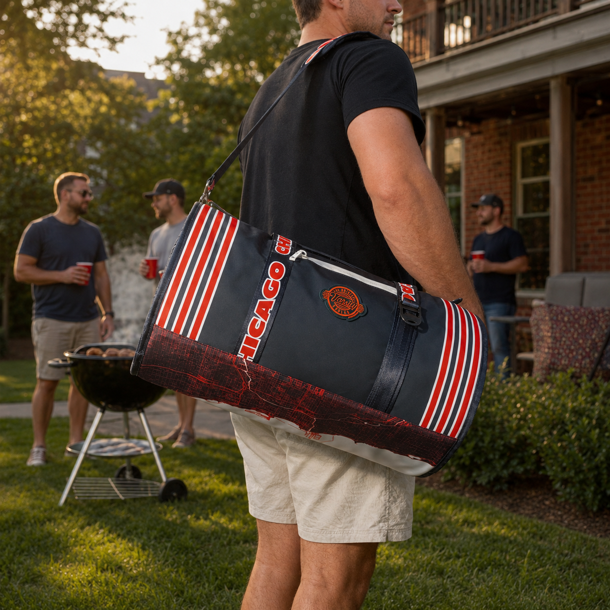 A-man-carrying-a-large-Chicago-Bears-duffel-bag-over-his-shoulder-in-a-backyard-setting-with-people-grilling-in-the-background.