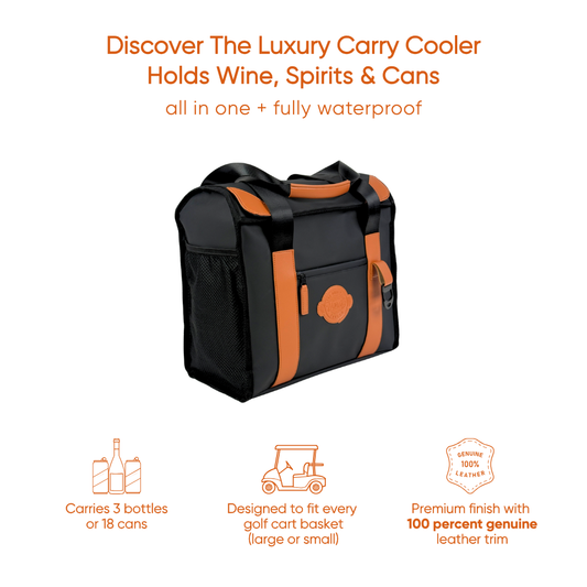Black and orange luxury carry cooler with text highlighting features on a white background