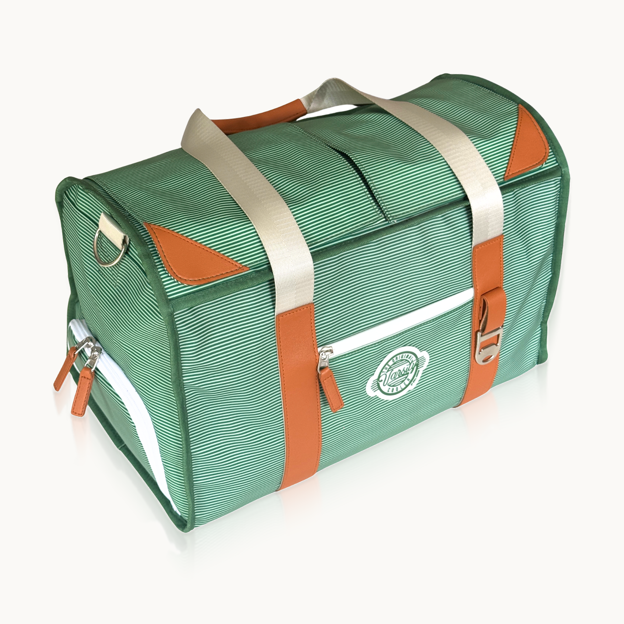 Green-Pinstripe-Course-Cruiser-XL-waterproof-golf-cart-cooler-with-genuine-leather-trim-and-dual-magnetic-compartments.