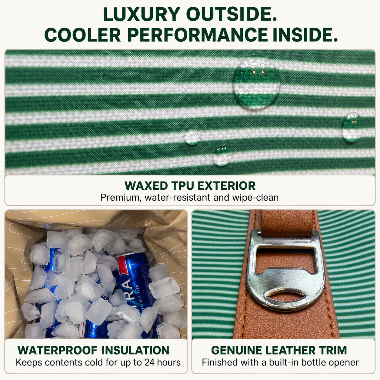 Close-up-details-of-the-Course-Cruiser’s-waterproof-waxed-TPU-finish,-genuine-leather-trim-and-insulated-interior.