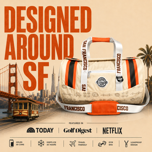 A-beige-duffel-bag-with-orange-and-black-stripes-and-white-straps-printed-with-'SAN-FRANCISCO'-and-'CISCO'-is-shown-over-a-stylized-San-Francisco-cityscape-background-with-a-cable-car-and-Golden-Gate-Bridge.-Large-orange-text-reads-'DESIGNED-AROUND-SF,'-and-smaller-text-at-the-bottom-includes-Today,-Golf-Digest,-and-Netflix.