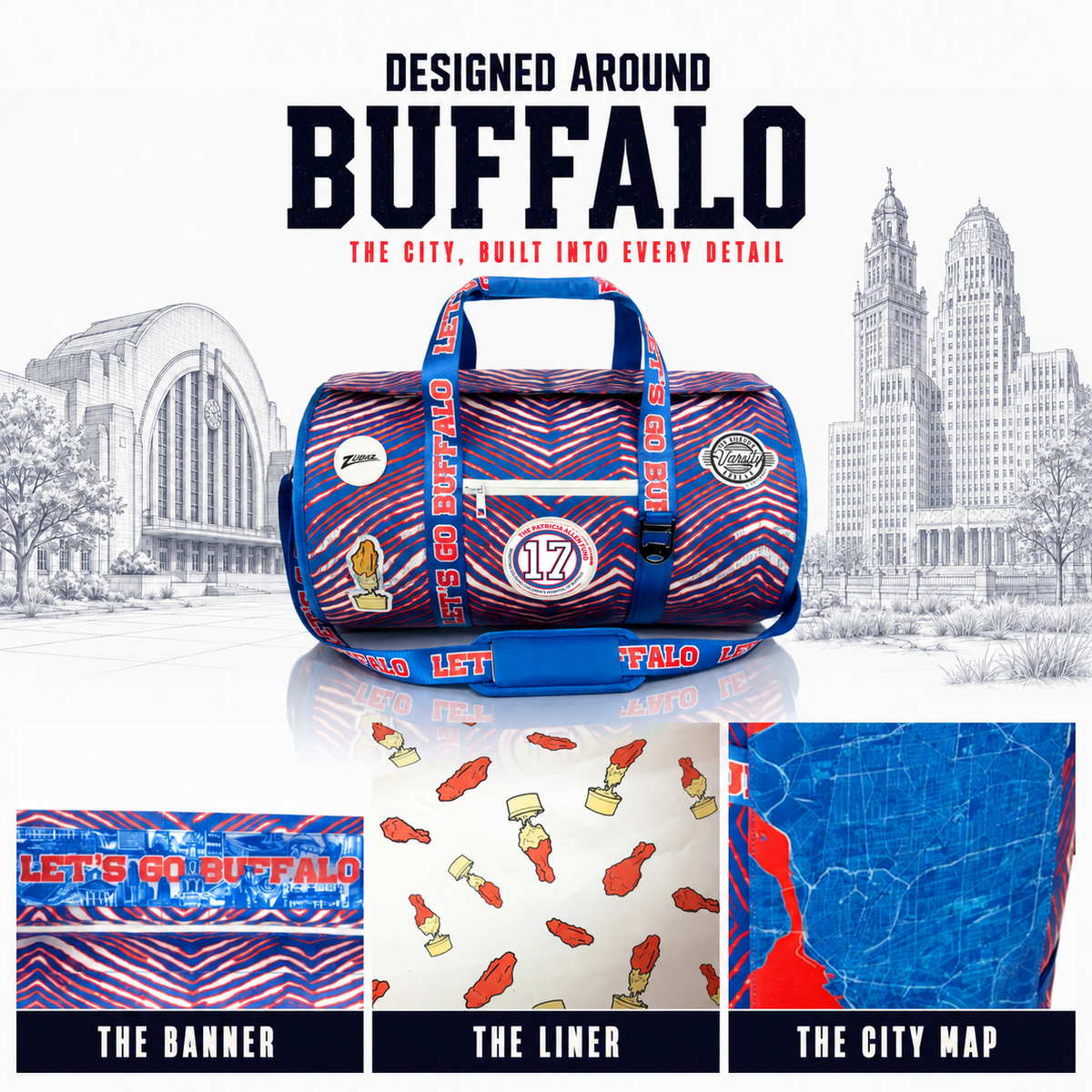 Buffalo Zubaz duffel cooler with city landmarks, Buffalo mural, wings-and-blue-cheese liner and city map details
