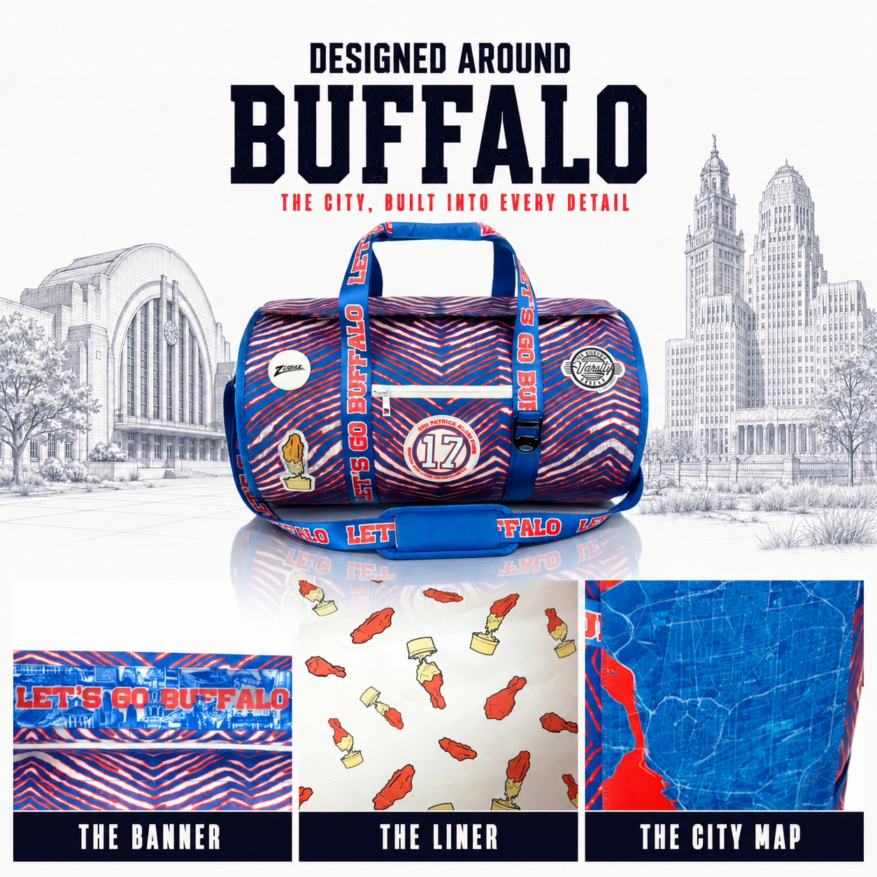 Buffalo Zubaz duffel cooler with city landmarks, Buffalo mural, wings-and-blue-cheese liner and city map details