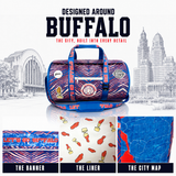 Buffalo Zubaz duffel cooler with city landmarks, Buffalo mural, wings-and-blue-cheese liner and city map details