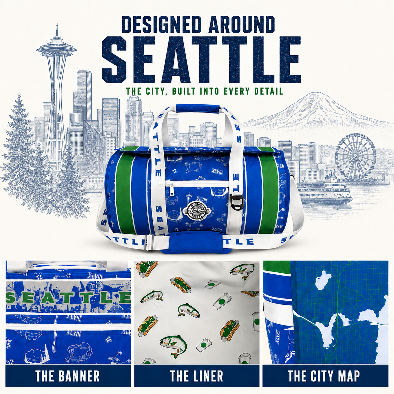 Seattle-themed-duffel-bag-set-with-a-blue-and-white-patterned-bag,-matching-banner,-liner,-and-city-map-print,-shown-with-large-Seattle-skyline-graphics-and-text-reading-'Designed-Around-Seattle.'.