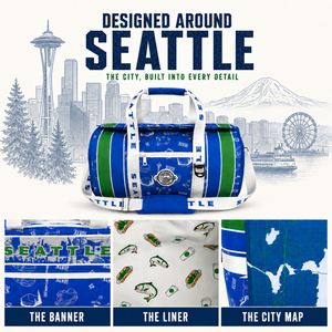 Seattle-themed-duffel-bag-set-with-a-blue-and-white-patterned-bag,-matching-banner,-liner,-and-city-map-print,-shown-with-large-Seattle-skyline-graphics-and-text-reading-'Designed-Around-Seattle.'.