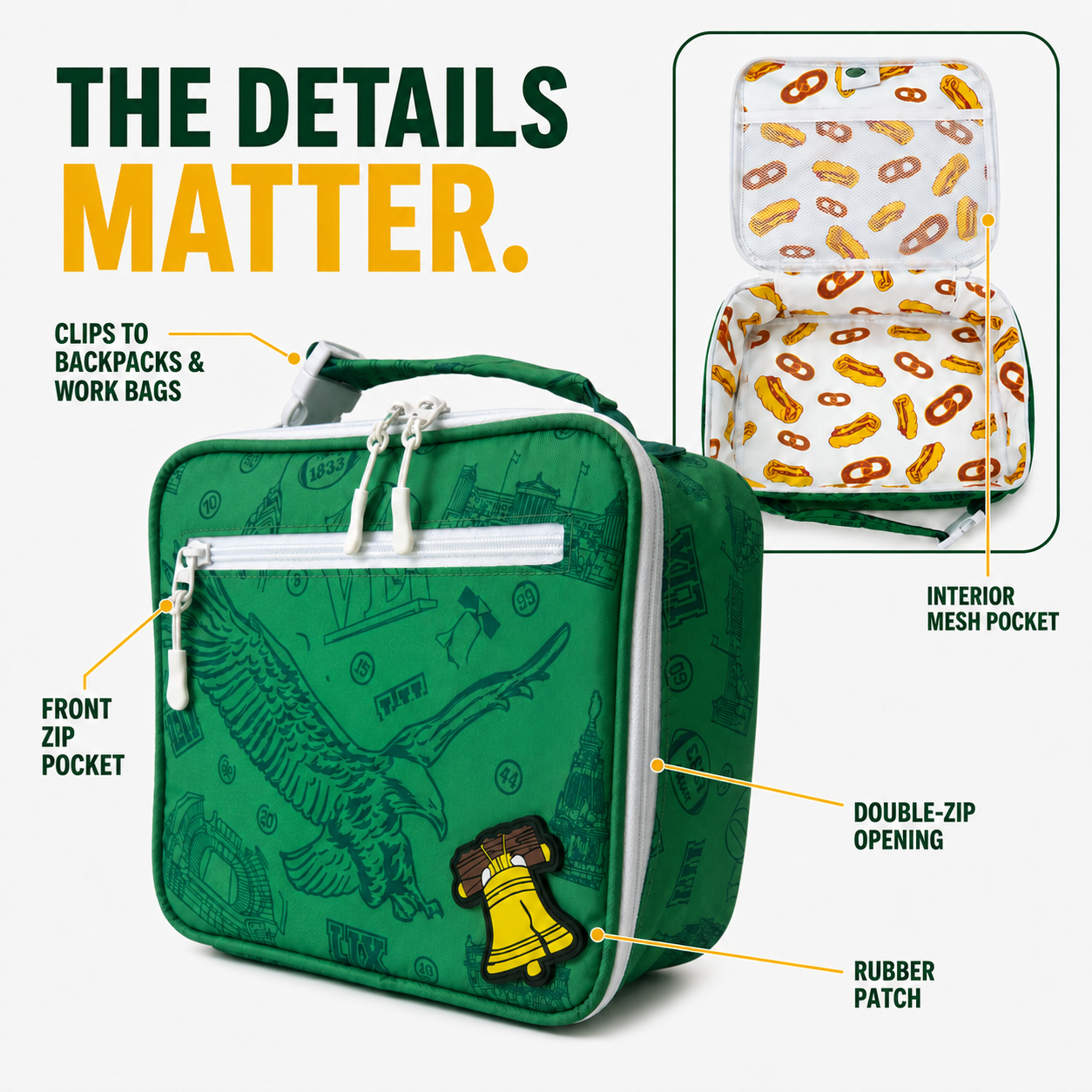 Philadelphia-lunch-cooler-showing-buckle-handle,-zip-pockets,-mesh-pocket-and-rubber-patch