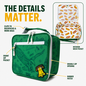 Philadelphia-lunch-cooler-showing-buckle-handle,-zip-pockets,-mesh-pocket-and-rubber-patch