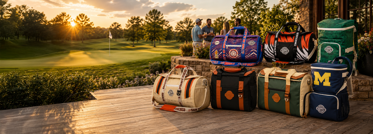Varsity duffel and golf coolers beside a golf course at sunset