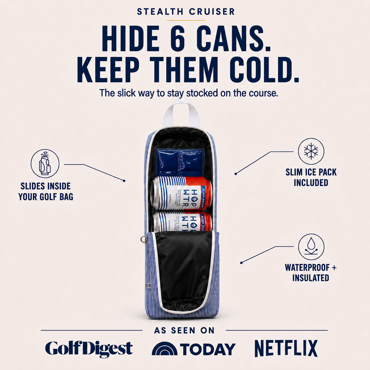 A-golf-cooler-bag-shown-open-on-a-light-beige-background-with-marketing-text-and-callouts.-The-cooler-is-blue-and-white-striped-on-the-exterior,-with-a-black-interior-and-visible-insulated-pockets-holding-cans-and-an-ice-pack.