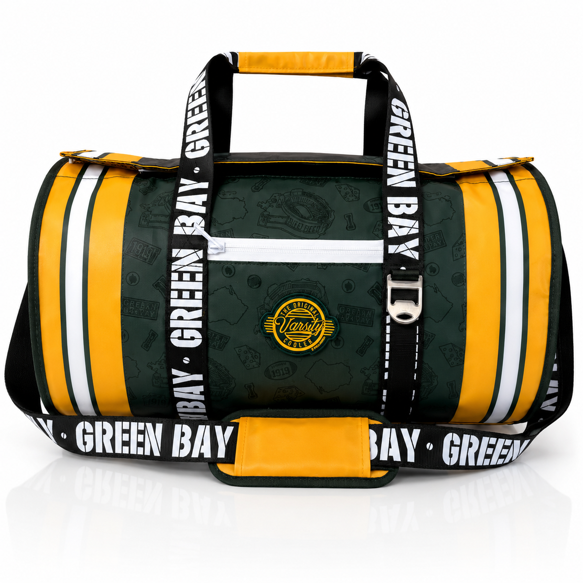 A Green Bay Packers themed duffel bag with a dark green patterned body, bold yellow and white side stripes, and black straps printed with 'GREEN BAY'.