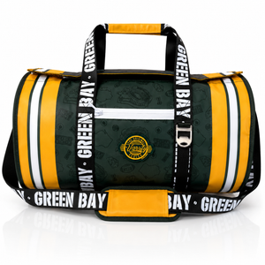A-Green-Bay-Packers-themed-duffel-bag-with-a-dark-green-patterned-body,-bold-yellow-and-white-side-stripes,-and-black-straps-printed-with-'GREEN-BAY'.