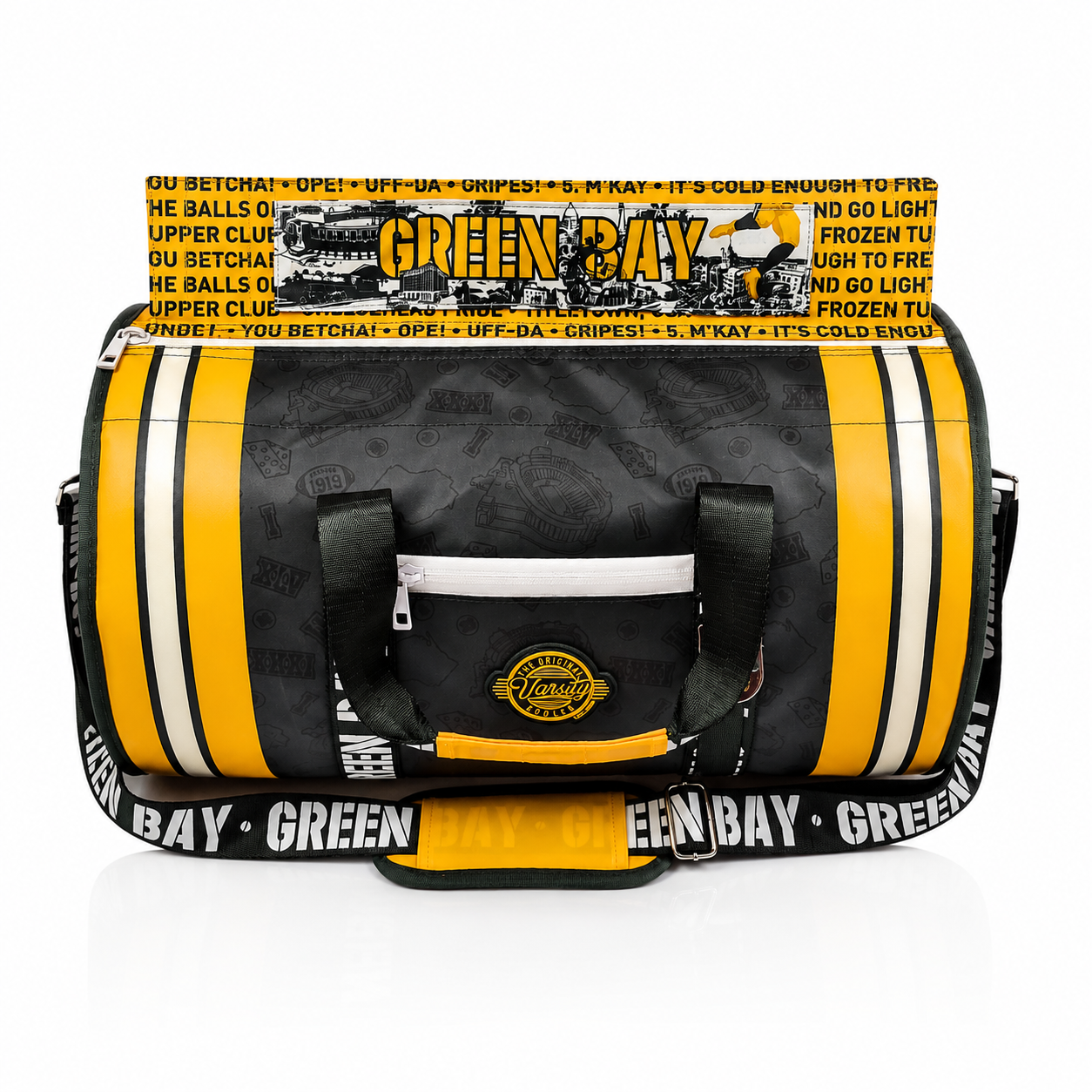 A-Green-Bay-Packers-themed-duffel-bag-with-a-black-and-yellow-color-scheme,-featuring-the-team-logo,-'Green-Bay'-text,-and-a-patterned-shoulder-strap-on-a-white-background.