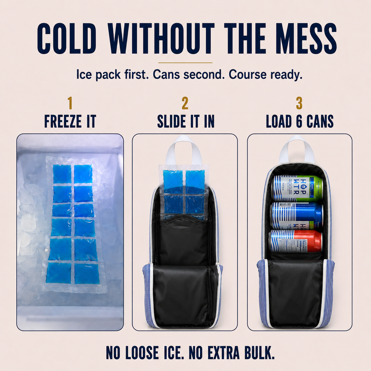 An infographic-style product demonstration of the stealth cruiser on a beige background showing a black and blue insulated can cooler. Large headline text reads 'COLD WITHOUT THE MESS,' with three labeled steps: 1 Freeze it, 2 Slide it in, 3 Load 6 cans.