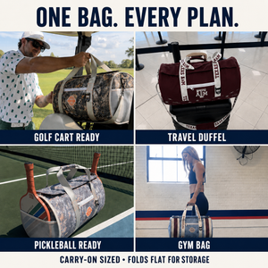A-four-panel-promotional-collage-showing-a-carry-on-duffel-bag-in-different-use-cases:-on-a-golf-cart-outdoors,-stacked-on-a-suitcase-in-an-airport,-on-a-pickleball-court,-and-being-carried-in-a-gym.-Large-text-reads-'ONE-BAG.