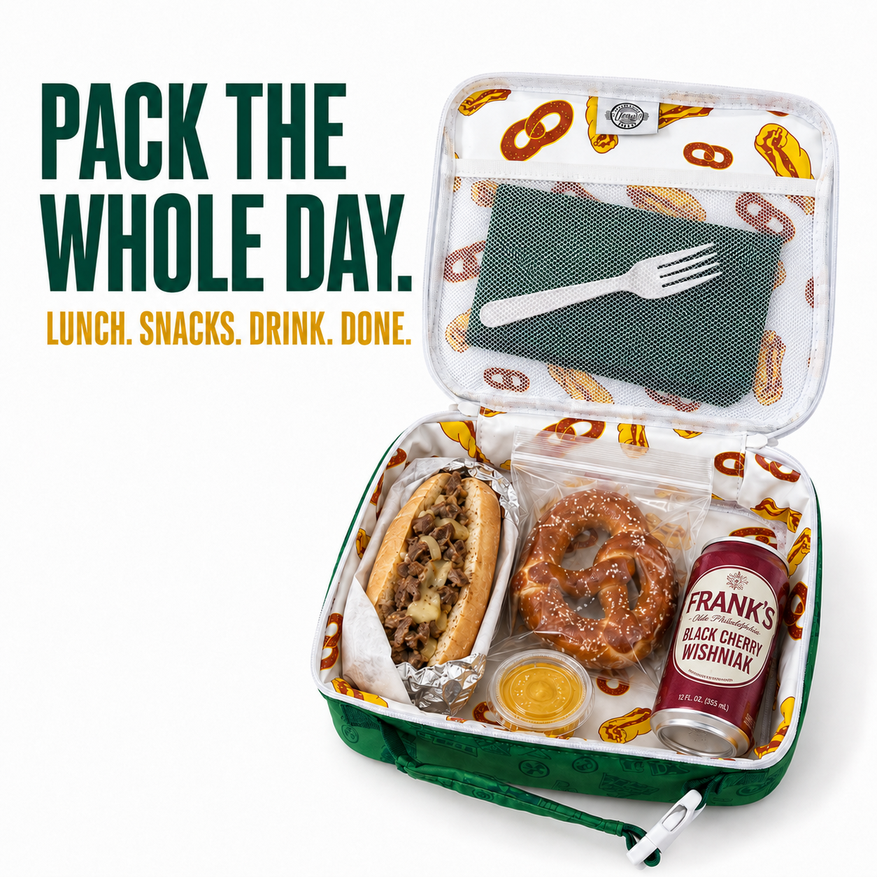 Open Philadelphia lunch cooler packed with cheesesteak, pretzels and black cherry soda