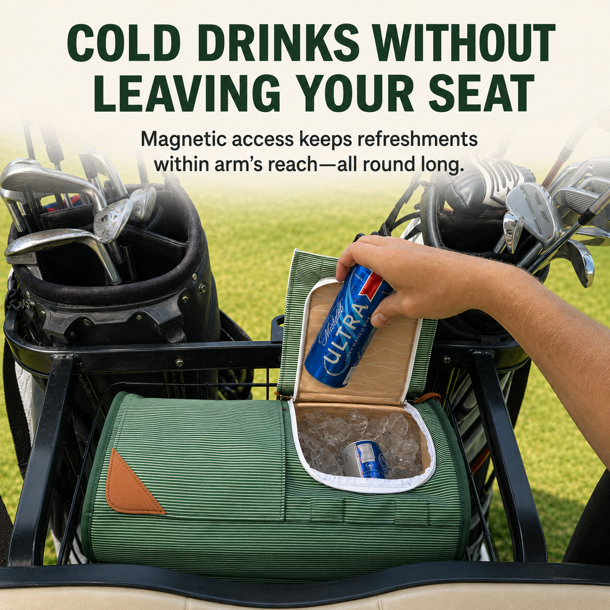 Course Cruiser positioned in a golf-cart basket for convenient magnetic-flap access from the rider’s seat.