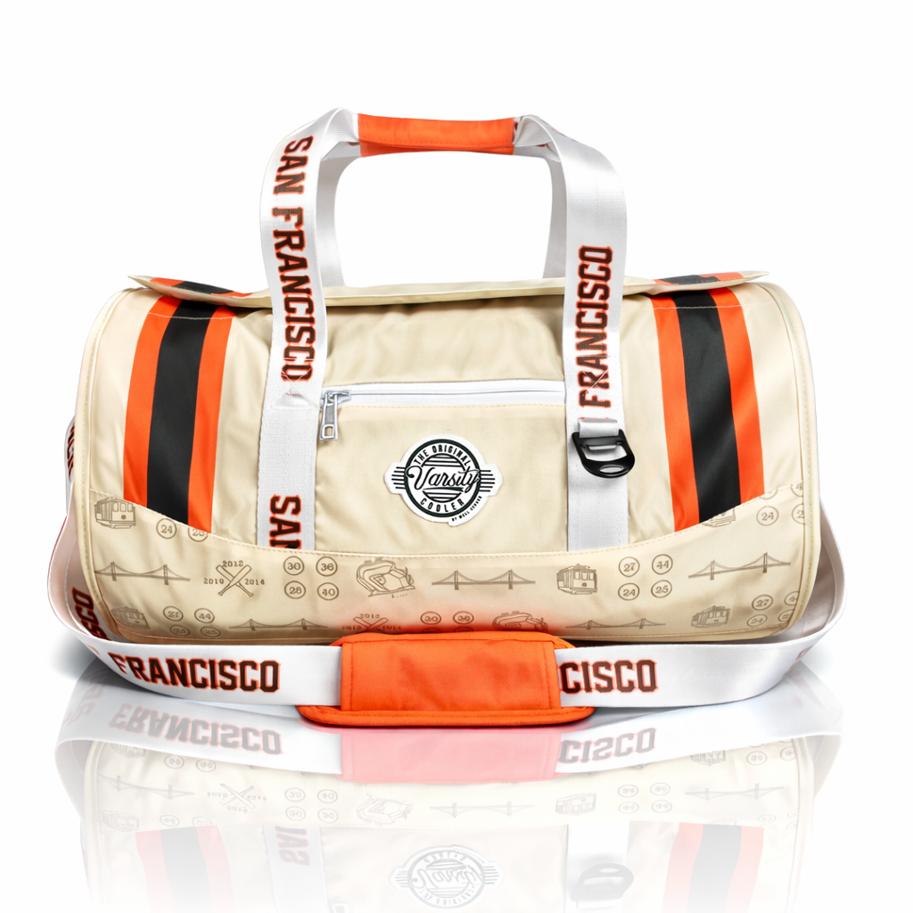 Beige-duffel-bag-with-orange-and-black-accents,-featuring-'San-Francisco'-and-'Cisco'-branding-on-a-white-background.