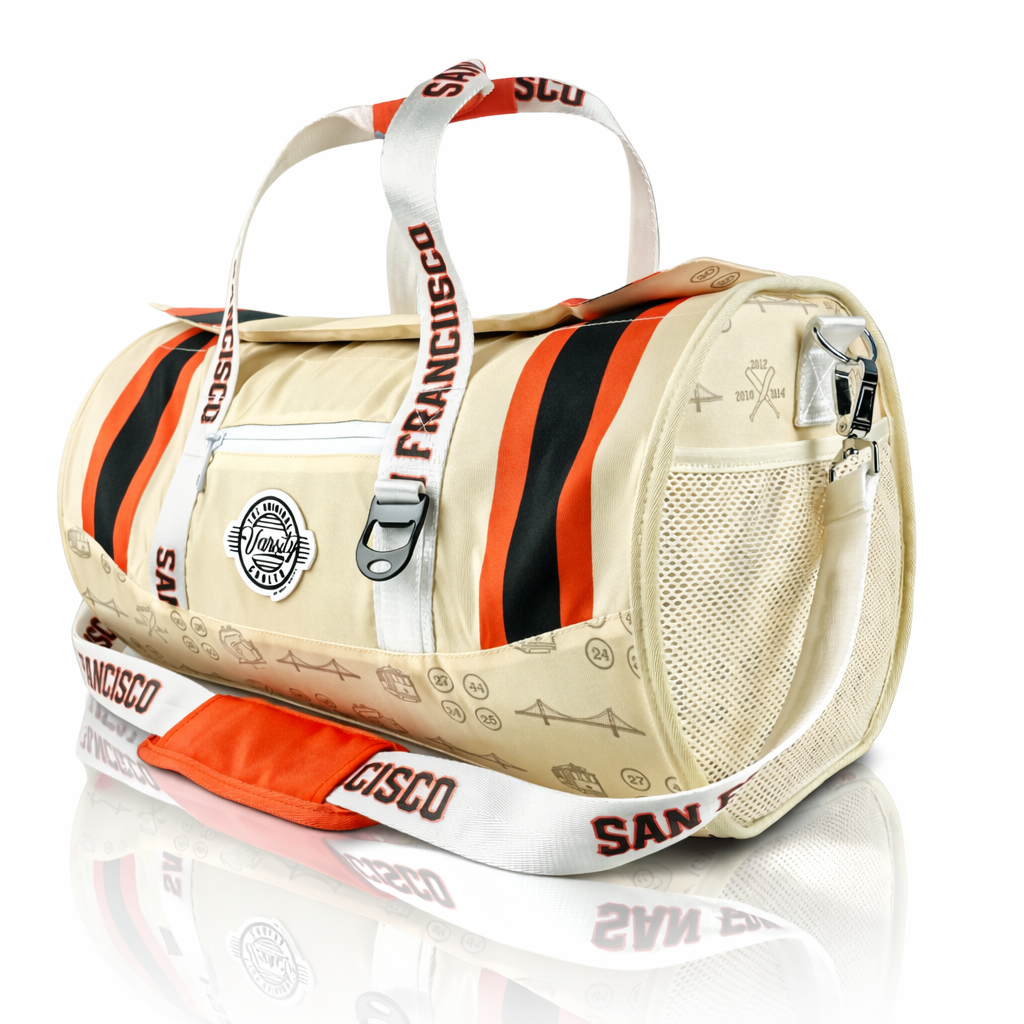 Beige duffel bag with red and black stripes and 'Cisco' branding on a white background