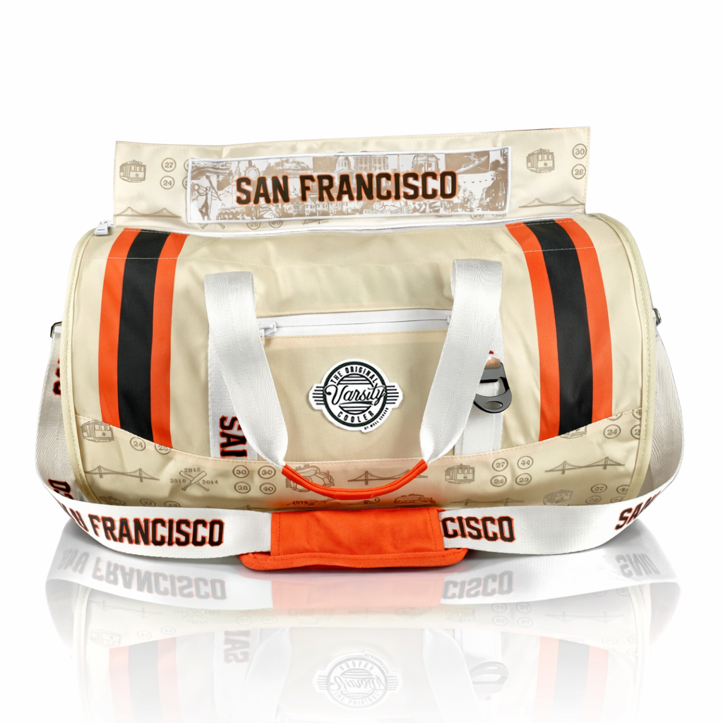 Beige-duffel-bag-with-black-and-orange-stripes-and-'San-Francisco'-text-on-a-white-background