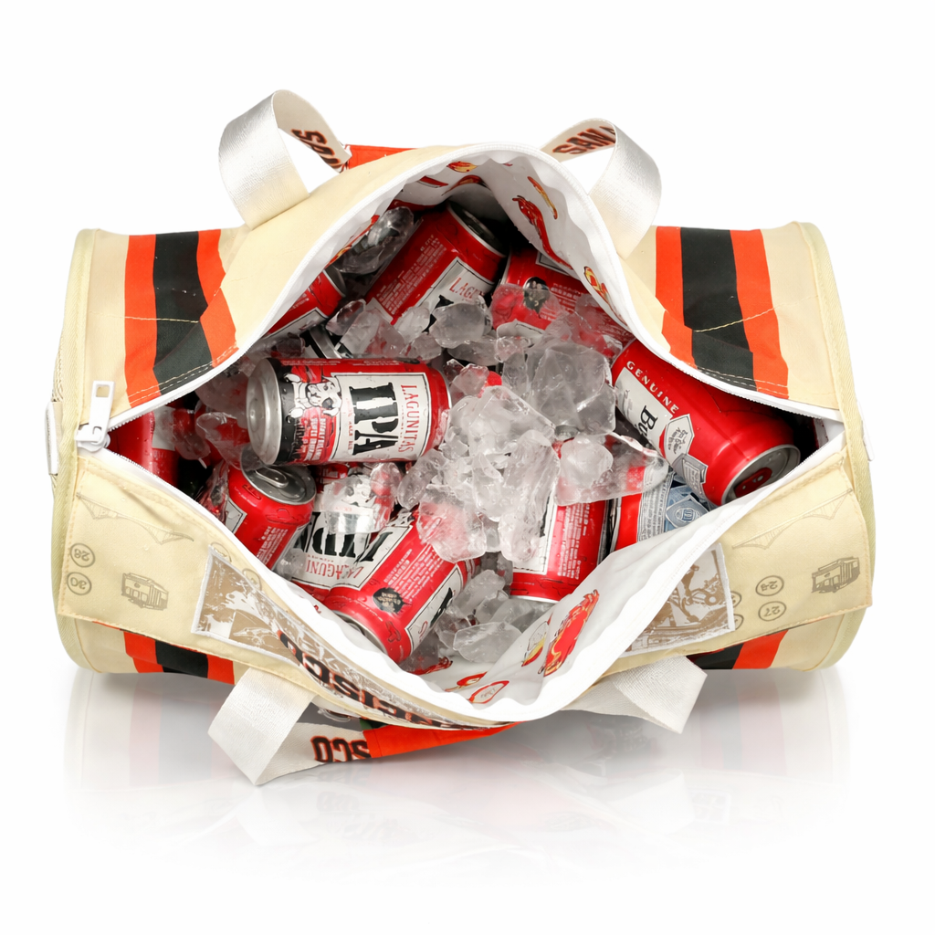 Beige-cooler-bag-with-red-and-black-stripes-filled-with-ice-and-beer-cans-on-a-white-background