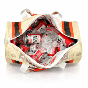 Beige-cooler-bag-with-red-and-black-stripes-filled-with-ice-and-beer-cans-on-a-white-background