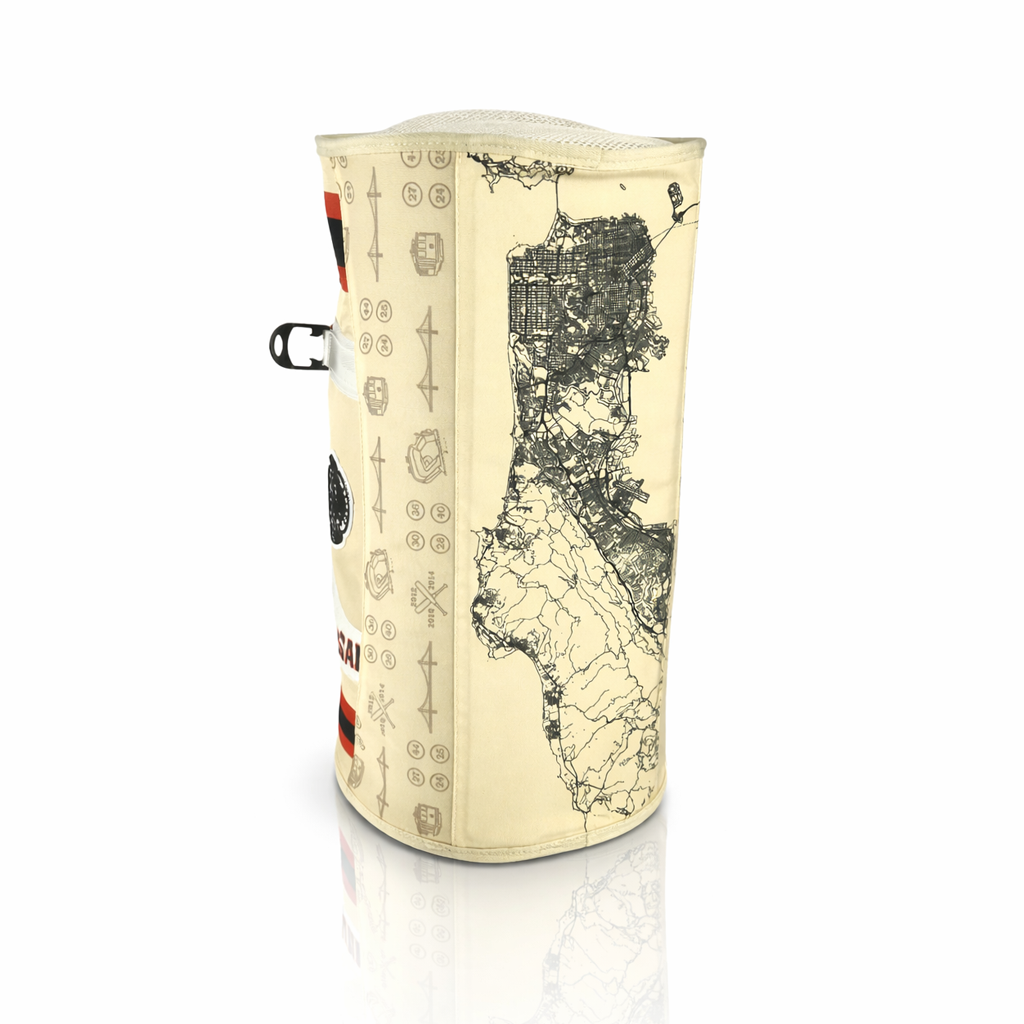 Cream-colored-cylindrical-container-with-black-map-design-on-a-white-background