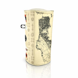 Cream-colored-cylindrical-container-with-black-map-design-on-a-white-background
