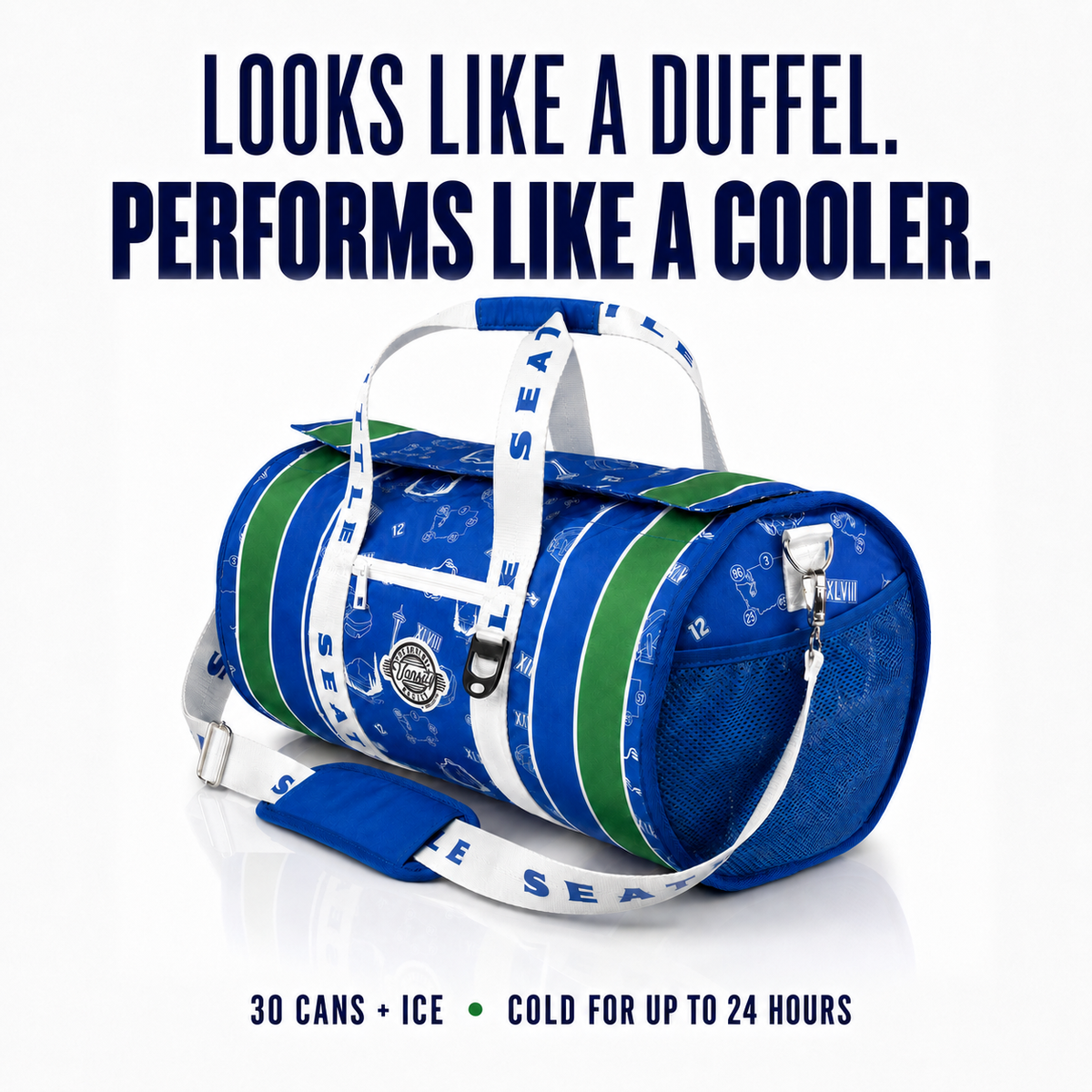 A blue Seattle Seahawks duffel bag with white and green stripes, featuring the team logo and 'SEA' printed on the straps, set against a white background with promotional text.