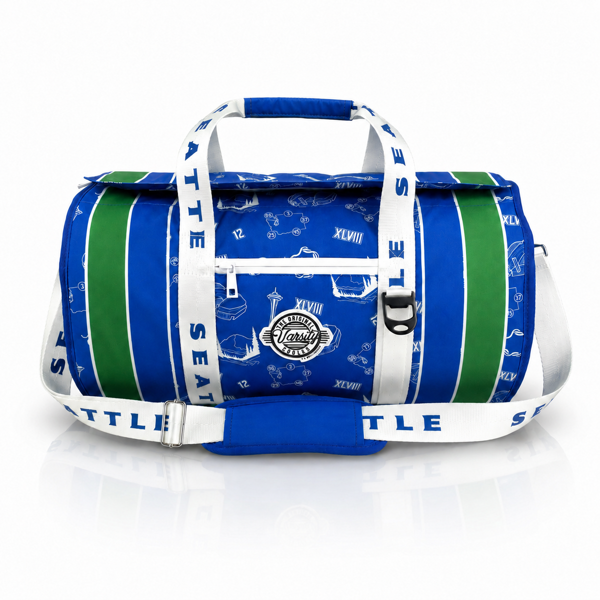 A Seattle Seahawks-themed duffel bag featuring royal blue and green vertical stripes, white shoulder straps with team text, and a central circular patch, shown on a white reflective background.