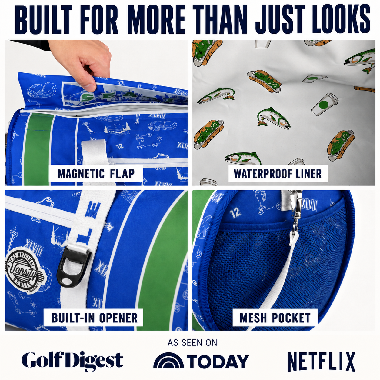 A-four-panel-promotional-graphic-for-a-golf-bag.-The-top-text-reads-'BUILT-FOR-MORE-THAN-JUST-LOOKS.