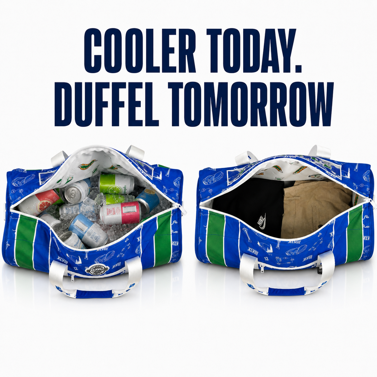 Two blue and green patterned duffel bags shown side by side on a white background with large text above reading 'COOLER TODAY. DUFFEL TOMORROW.